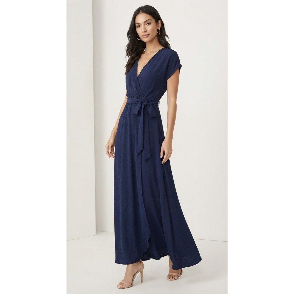 Meghan Los Angeles Navy Blue V-Neck Wrap Maxi Dress Size Large NWT MEG8006
